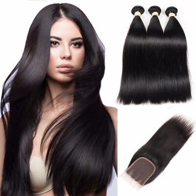 

HCDIVA Brazilian Virgin Hair Straight 3 Bundles With Closure Free Middle Three Part Human Hair Bundles with Closure 4 Pcs lot