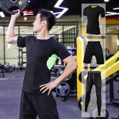 

Fan Dimu sports suit mens fitness clothing tight body quick-drying breathable moisture wicking running basketball suit fitness clothing men FNZ9001-mesh green - short-sleeved three-piece -XXL