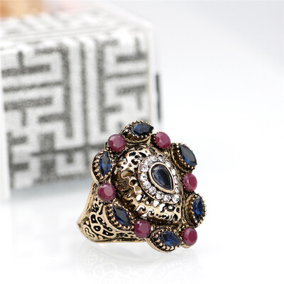 

Vintage Turkish Women Heart Wedding Rings Antique Gold Color Resin Indian Ethnic Water Drop Crystal Big Ring Jewelry Wholesale