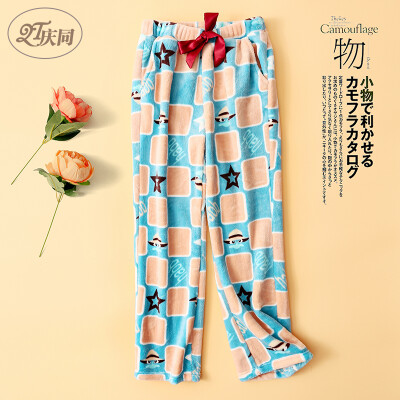 

Qingtong QingTong coral velvet sleep pants women autumn&winter flannel casual thick warm wool plush trousers loose home pants 96721 sky blue - square M