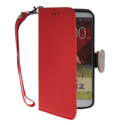 

MOONCASE Litch Skin Leather Side Flip Wallet Card Holder Pouch with Kickstand Shell Back Case Cover for LG G2 Red