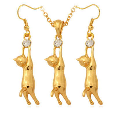 

Lovely Cat Pendant Necklace Earrings Set Gift For Women Free Shipping 18K Real Gold Plated Rhinestone Kitty Jewelry Sets