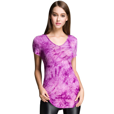 

POPBASIC Ladies Plain Short Sleeve V-Neck Round Hem Cotton Spandex, Multiple Colors Tied Dyed T-shirt