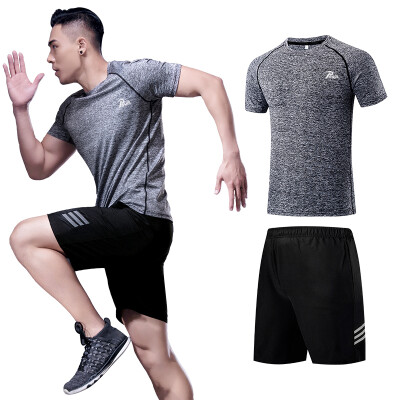 

Puwei special POVIT sports suit mens fitness clothing tight breathable moisture wicking running training gym quick-drying clothes short-sleeved shorts gray black two-piece set M code P-822