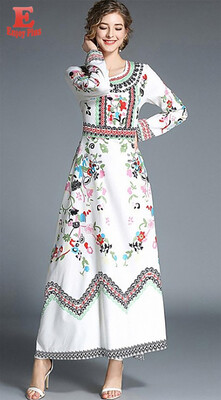 

S M L XL vintage new autumn 2018 women long maxi dress long sleeve white digital floral print ankle length slim A line lady