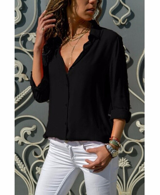 

2018 Womens Fashion Solid Color Roll Sleeve Shirts Casual Tops Blouse