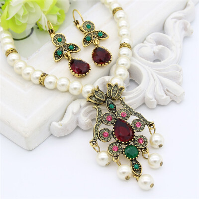 

Vintage Flower Imitation Pearl Jewelry Sets Long Beads Pendant Necklace Drop Earrings Antique Gold Color Turkish Bridal Jewelry