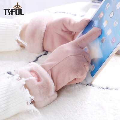 

Tsful gloves female winter plus velvet thick waterproof warm riding all refers to plush cute cartoon Korean version of the simple five fingers points A5352A pink
