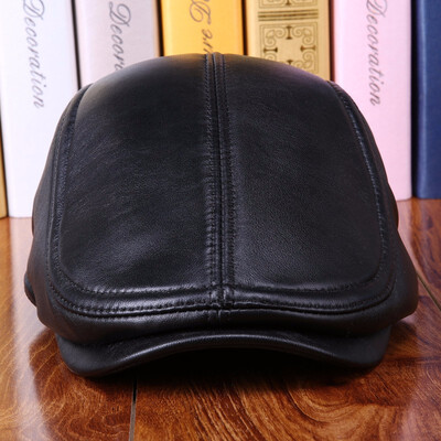 

2018 Winter Men Genuine Sheepskin Hat Elder Warm Leather Cap Father New Year Gift Suede Beret Printing Baseball Hat B-7266