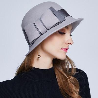 

Winter Warm Wool Hat Female Vintage All-match Elegant Hat Girls Fashion Wool Fedoras Hat Wide Brim Church Cap B-7329