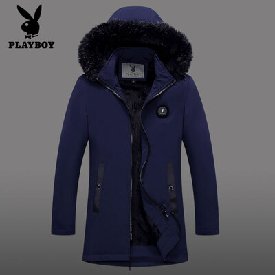 

Playboy cotton coat men 2018 winter new hooded youth casual cotton jacket mens slim body trend winter thick warm jacket in the long section fur collar SYZ88755 black M
