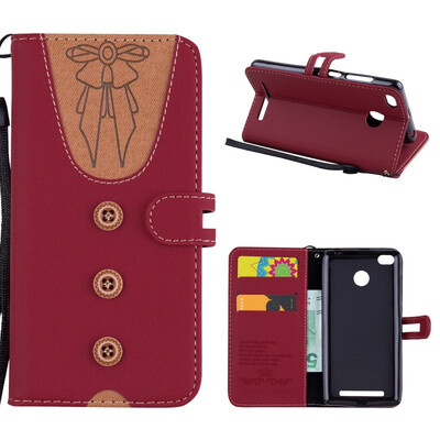 

MOONCASE Millet red rice 3S stitching embossed womens leather case - red