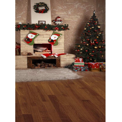 

Xmas Tree&Fireplace Photo Backdrop 57FT Vinyl Fabric Cloth Digital Printing Photo Background st-541