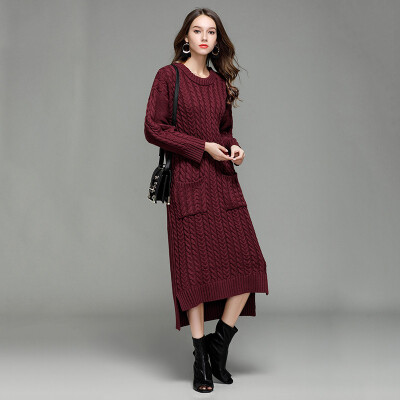 

PREISEI Autumn Winter Casual Loose Warm Solid O-Neck Long Sleeve Thick Ankle-Length Sweater Dress Vestido Women