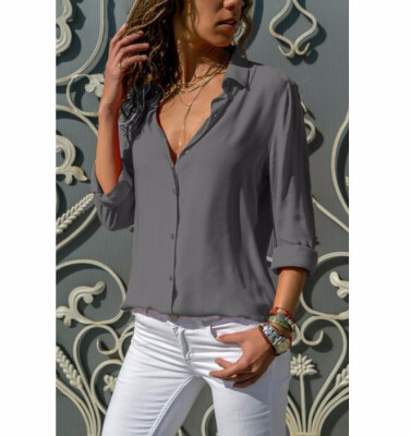 

2018 Womens Fashion Solid Color Roll Sleeve Shirts Casual Tops Blouse