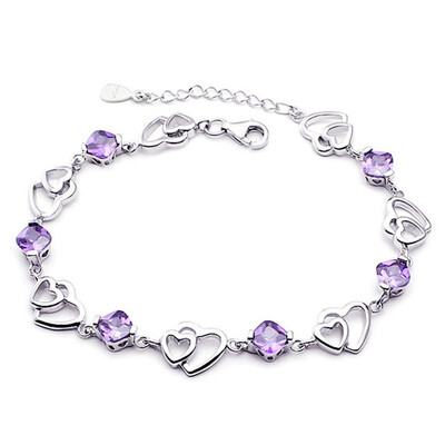

High Quality Purple Cubic Zirconia Heart Bracelets Women Accessories White Gold Plated Charm Bracelet Jewelry WHBD01