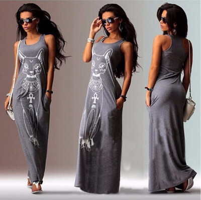 

Women Cotton Cat Print-Length Dress Sleeveless Sexy For women Casual Dress Elegant Party Dress