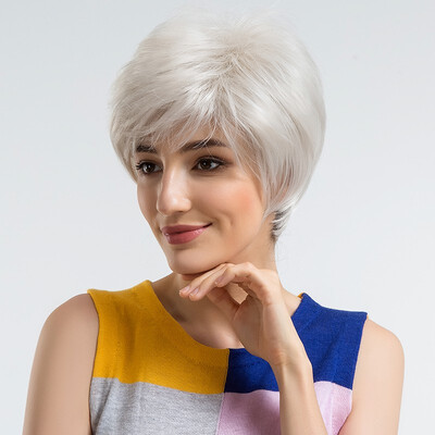 

BLONDE UNICORN 10 Inch Wigs Heat-Resistant Synthetic Fiber Silver Short Wigs Fluffy Natural Hair Wigs With Side Bangs For Women