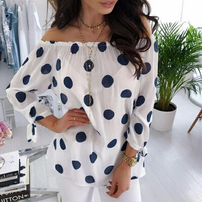 

2018 Autumn Women Sexy Off Shoulder Shirt Casual Long-sleeved Top Ladies Fashion Dot Printing Loose T-shirt Off Shoulder Chiffion