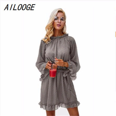 

Lace up backless mesh dress women Elegant stringy selvedge sash mini dress Fashion long flare sleeve dresses vestidos