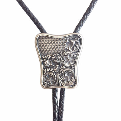 

New Vintage Silver Plated Carving Braided Flowers Western Bolo Tie Necklace