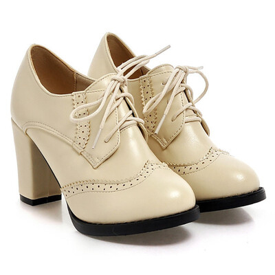 

IDIFU Womens Trendy Round Toe Brogue Oxfords Shoes Block High Heel Lace-up Ankle Boots