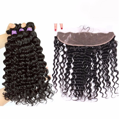 

Deep Wave Bundles With Frontal Brazilian Human Hair Weave 3 Bundles 13x4 Pre Plucked Lace Frontal Closure Dolago
