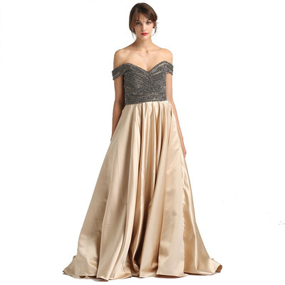 

Off shouler Sexy Beading Fashion Luxury A-Line Prom Dress Diamond Crystal Satin Evening Prom Dresses 2018 Alacati