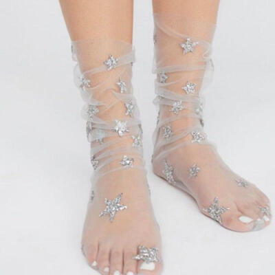 

UK Glamour Glitter Star Women Soft Mesh Transparent Elastic Sheer Ankle Socks