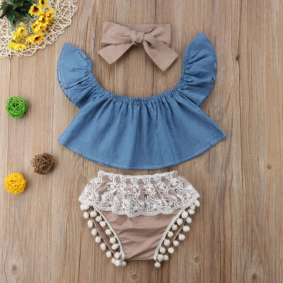 

Summer Outfits Kids Baby Girls Clothes Denim Fly Sleeve TopsLace Shorts 3PC Set