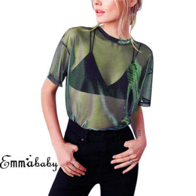 

UK Summer Sexy Mesh T-Shirt Short Sleeve Shirt Womens Transparent Hollow Blouse