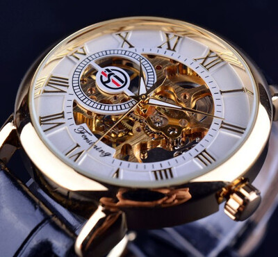 

Forsining Men Watches Top Brand Luxury Mechanical Skeleton Watch Black Golden 3D Literal Design Roman Number Black Dial Designer