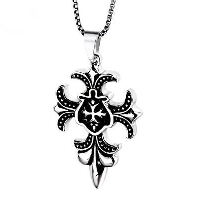

Retro flower-de-luce Pendant Titanium steel Mens Cross Punk Necklace - 24 inch