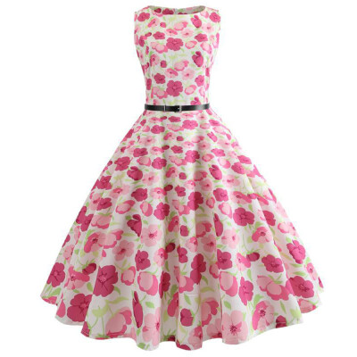 

Hepburn Vintage Series Dress Spring And Summer Fashion Floral Printing Design Sleeveless Belt Retro Corset Women Dress
