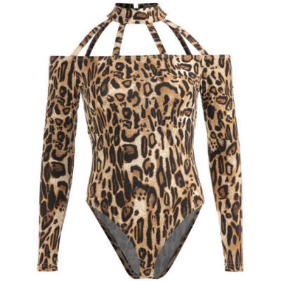 

Women Ladies High Neck Bodysuit Leotard Long Sleeve Leopard PrintedTops Jumpsuit