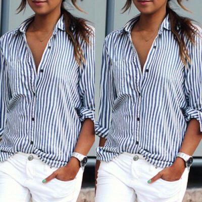 

US STOCK Womens Casual Chiffon T-shirt stripe Print Blouses Long Sleeve Tops