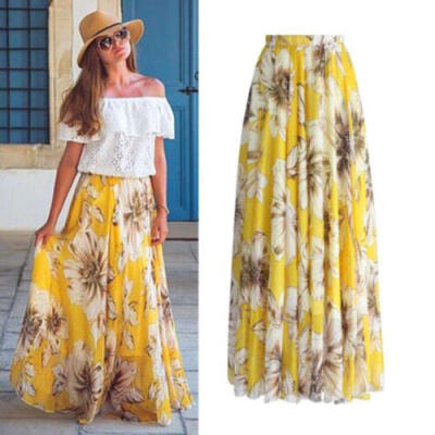 

AU NEW Chiffon Women Boho Floral High Waist Beachwear Long Maxi Full Skirt Dress