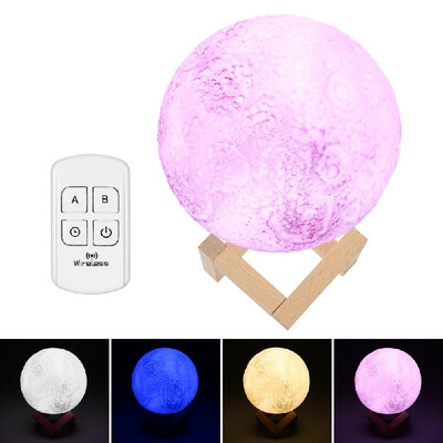 

18cm Diameter 3D LED Moon Light USB Rechargeable Remote Control 4 RGB Dimmable Colors Luna Night Lamp with Wooden Stand
