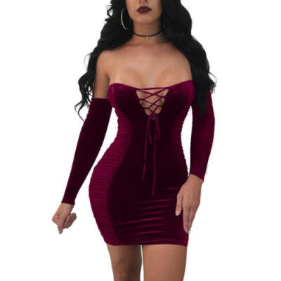 

UK Womens Velvet Party Cocktail Mini Dress Ladies Winter Long Sleeve Mini Dress