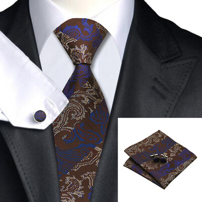 

N-0374 Vogue Men Silk Tie Set Brown Paisley Necktie Handkerchief Cufflinks Set Ties For Men Formal Wedding Business wholesale