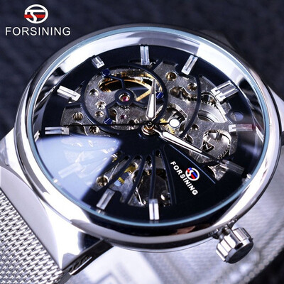 

Forsining Golden Fashion Series Simple Skeleton Design Stainless Steel Open Work Mens Watches Top Brand Luxury Mechanical Watch