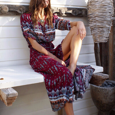 

Women Long Maxi Dresses Bohemia V-neck Floral Print Retro Plus Size Dress