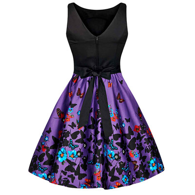 

Butterfly Floral Print Bowknot Vintage Dress