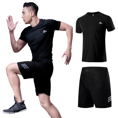 

Puwei special POVIT sports suit mens fitness clothing tight breathable moisture wicking running training gym quick-drying clothes shorts short sleeve all black two-piece  code P-819