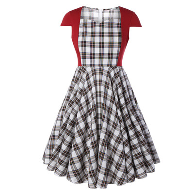 

Women\s Elegant Print Plaid Patchwork Square Collar Cap Sleeve A-Line Casual Dress