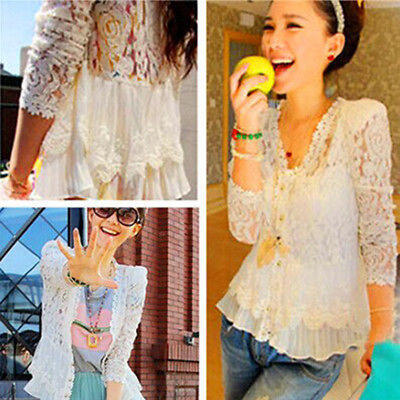 

New Ladies Women Chiffon Lace Casual Blouse Long Sleeve shirt Tops Plus Size