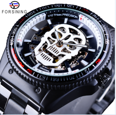 

Forsining Sport Series Steampunk Skull Design Black Stainless Steel Luminous Skeleton Watch Mens Automatic Watches Top Brand