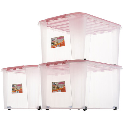 

JEKO&JEKO plastic transparent storage box large 60L 3 Pack storage box clothes quilt storage box toy storage box pulley storage box pink cover SWB-513