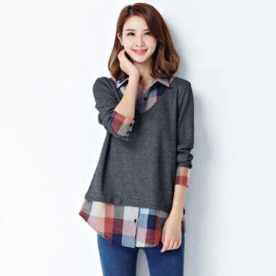 

OL Women Long Sleeve Turndown Collar Plaid Shirt Loose Tops Blouse Jumper Dress