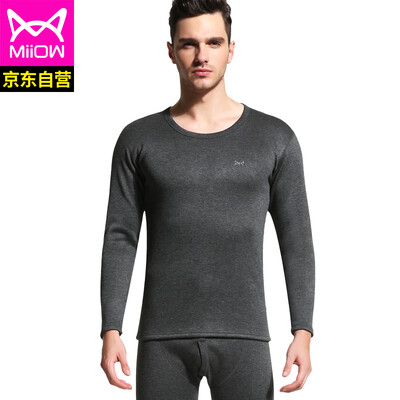 

Cat people thermal underwear men plus velvet thickening youth round neck autumn clothing long trousers thick section bottoming warm set SQF206001 hemp gray round neck 175100 XL